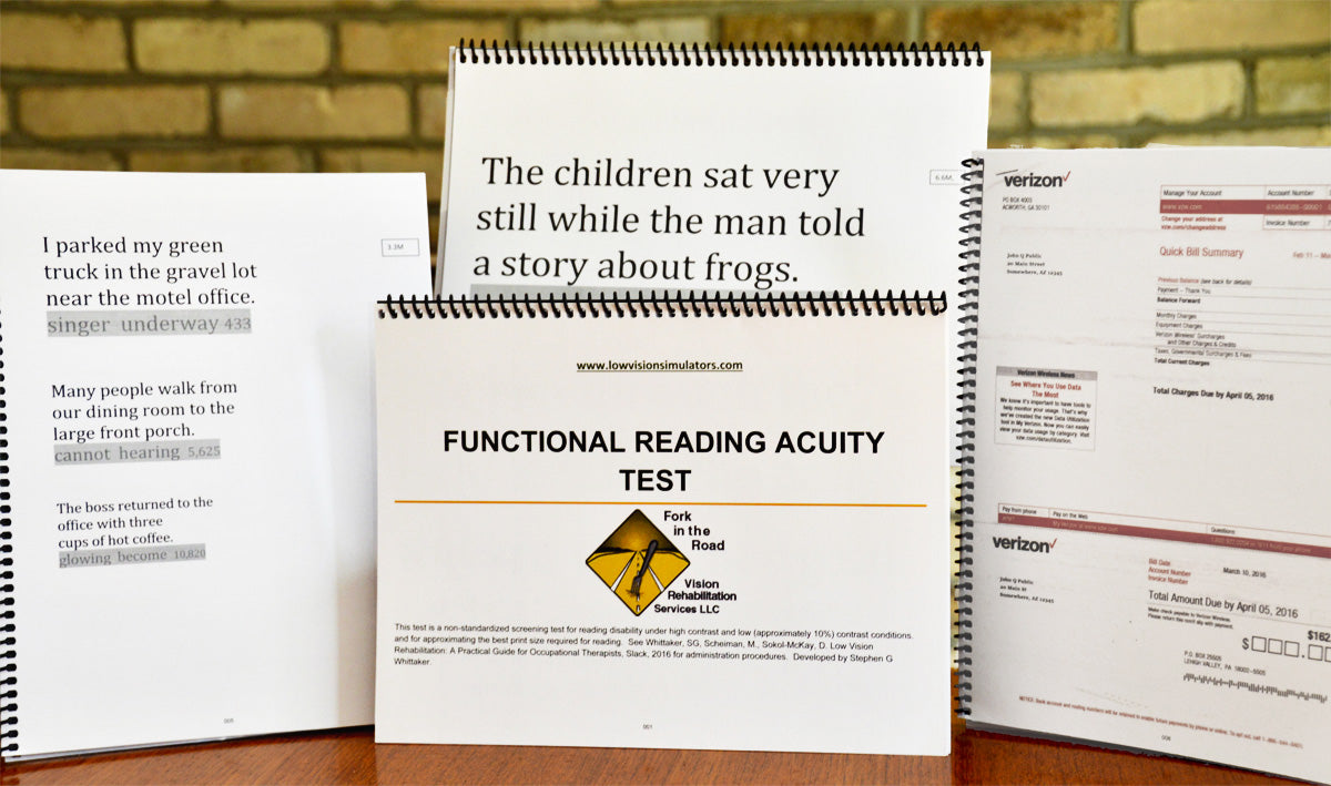 The picture shows various pages from the Functional Reading Acuity Test